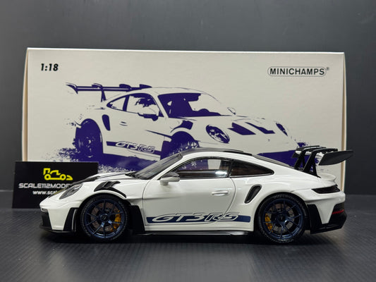 2022 Porsche 911 992 GT3 RS Weissach - White w/ Blue Wheels 1/18 Minichamps