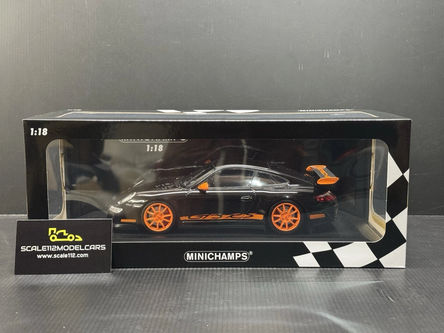 Porsche 911 997 GT3 RS Black Orange 1/18 Scale Diecast Model Car by Minichamps
