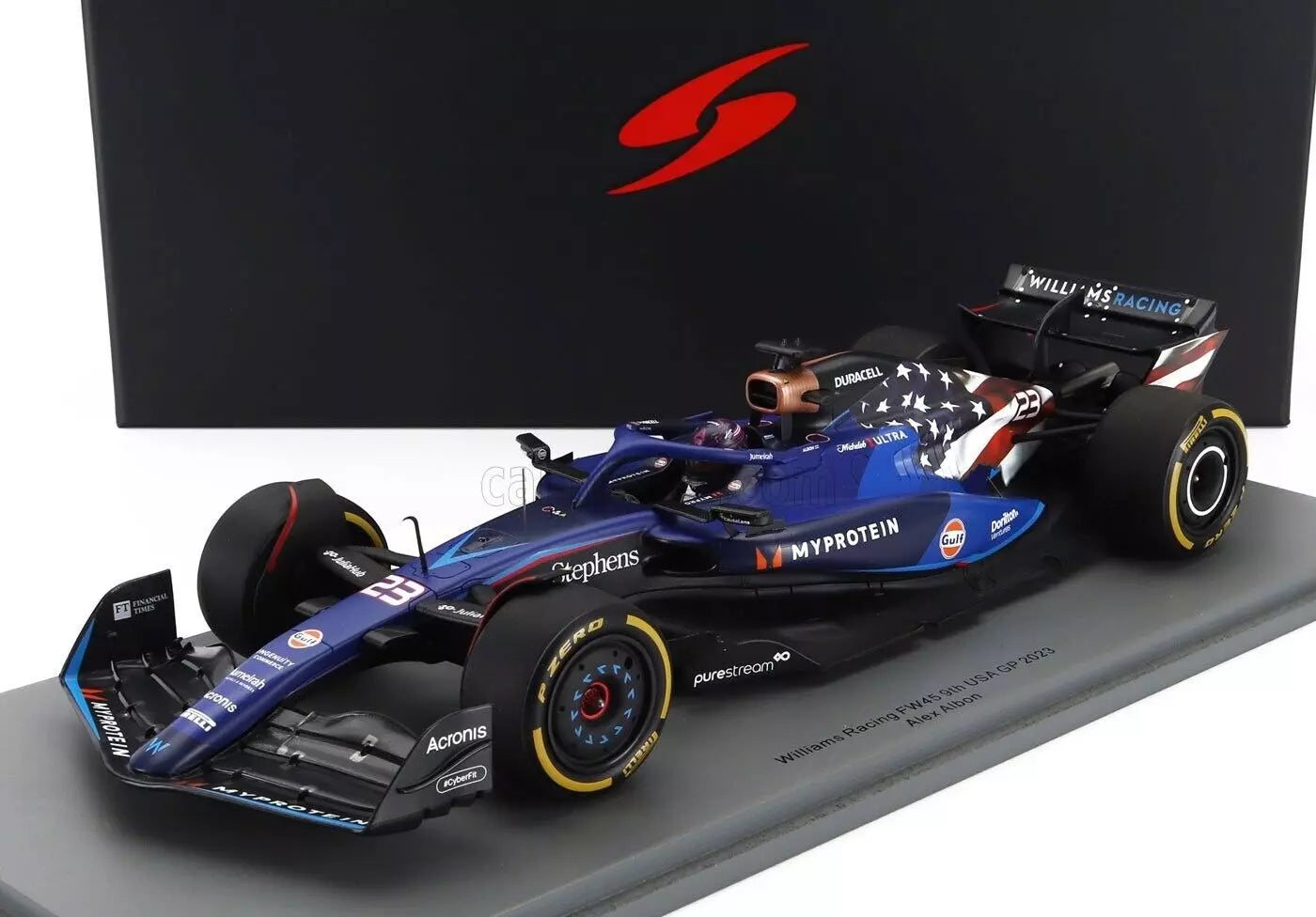 1/18 SCALE WILLIAMS FW45 - USA GP 2023 ALEX ALBON MODEL CAR BY SPARK W/ DISPLAY CASE