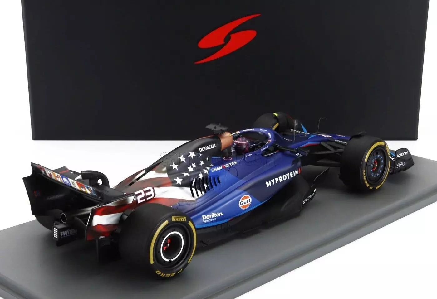 1/18 SCALE WILLIAMS FW45 - USA GP 2023 ALEX ALBON MODEL CAR BY SPARK W/ DISPLAY CASE