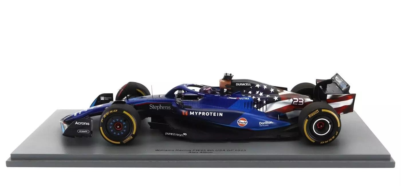 1/18 SCALE WILLIAMS FW45 - USA GP 2023 ALEX ALBON MODEL CAR BY SPARK W/ DISPLAY CASE