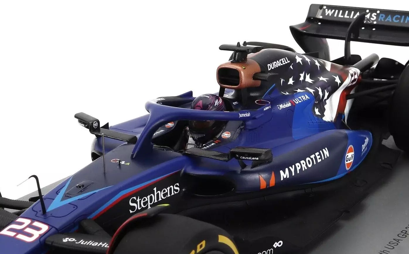 1/18 SCALE WILLIAMS FW45 - USA GP 2023 ALEX ALBON MODEL CAR BY SPARK W/ DISPLAY CASE