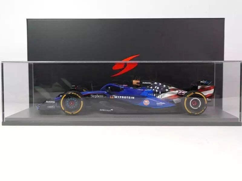 1/18 SCALE WILLIAMS FW45 - USA GP 2023 ALEX ALBON MODEL CAR BY SPARK W/ DISPLAY CASE