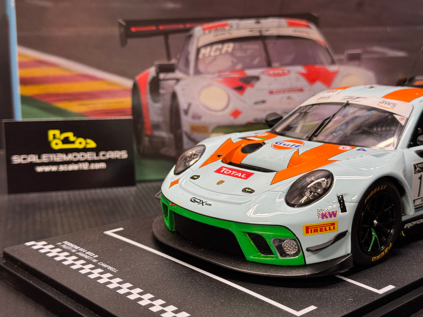 1/18 Scale IXO Porsche 911 GT3 R 24h Spa 2020 Gulf GPX Racing Diecast Model