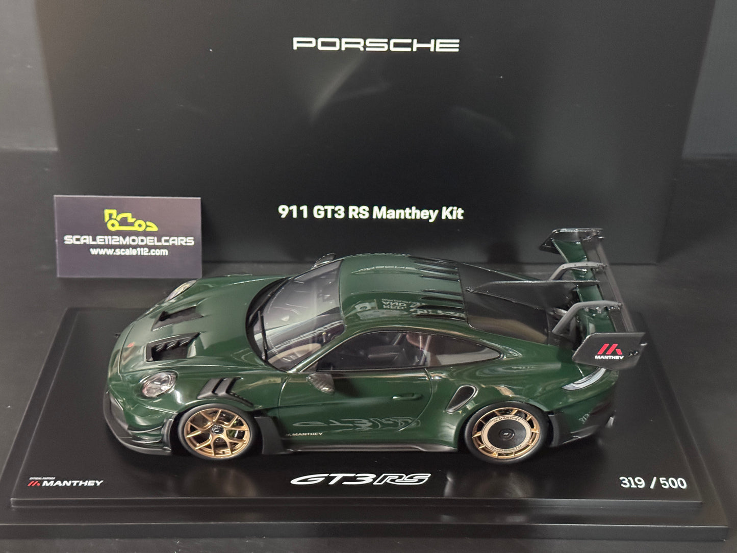 Porsche 911 GT3 RS Manthey in Brewster Green w/ Display Case 1/18 Spark Dealer Edition