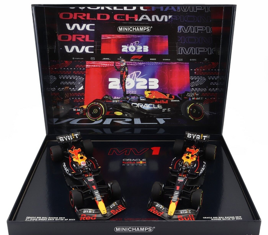 RED BULL RB19 2 CAR BOX SET - 2nd SPRINT & QATAR GP GP WINNER - 1/18 MINICHAMPS