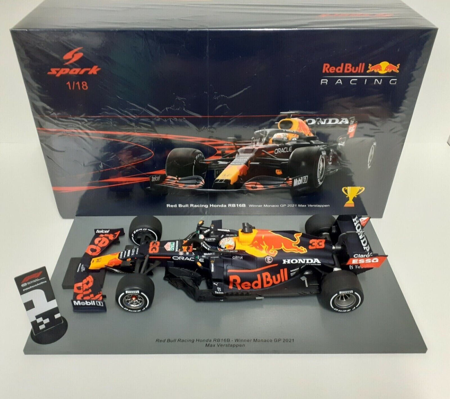 1/18 Spark 2021 Red Bull Racing RB16B #33 Max Verstappen Winner Monaco