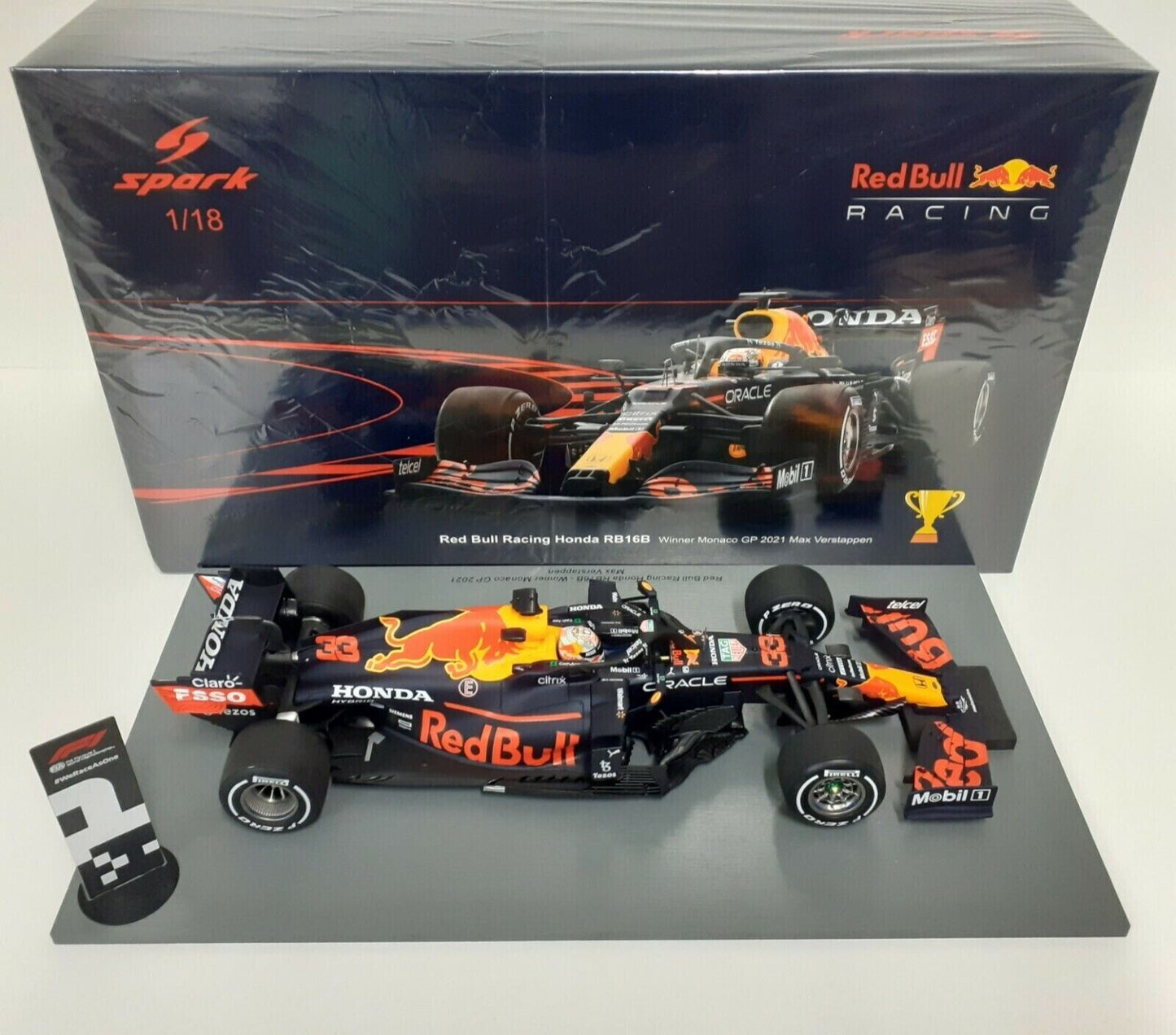 1/18 Spark 2021 Red Bull Racing RB16B #33 Max Verstappen Winner Monaco