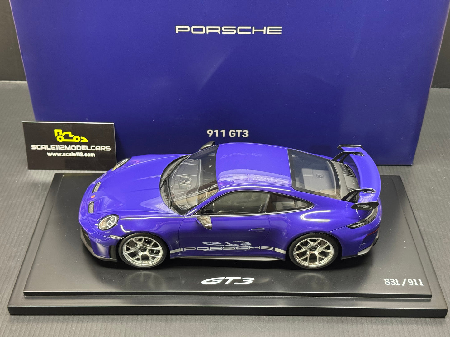 Porsche 911 992 GT3 Weissach Package in Ultraviolet w/ Display Case 1/18 Spark