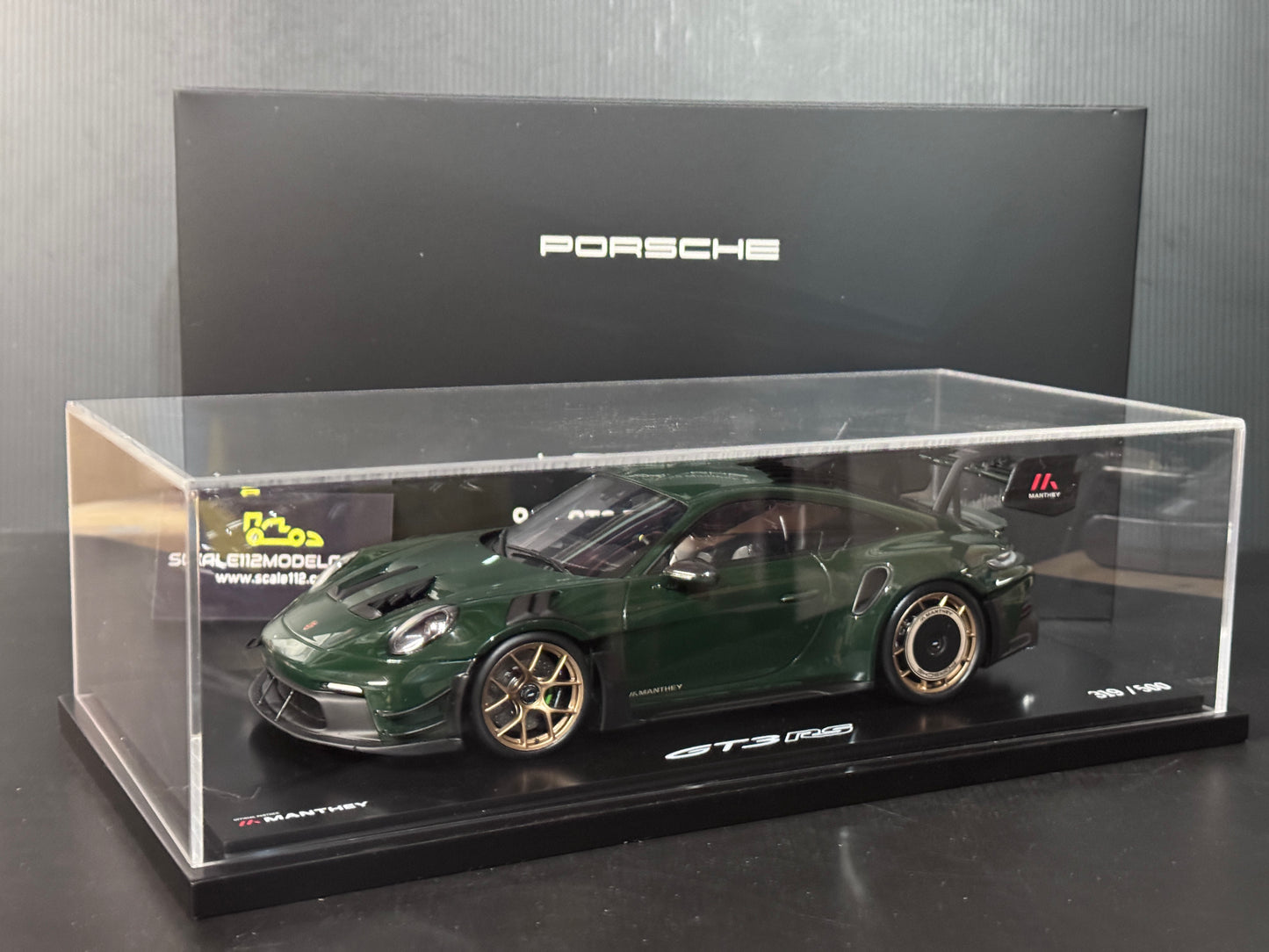 Porsche 911 GT3 RS Manthey in Brewster Green w/ Display Case 1/18 Spark Dealer Edition