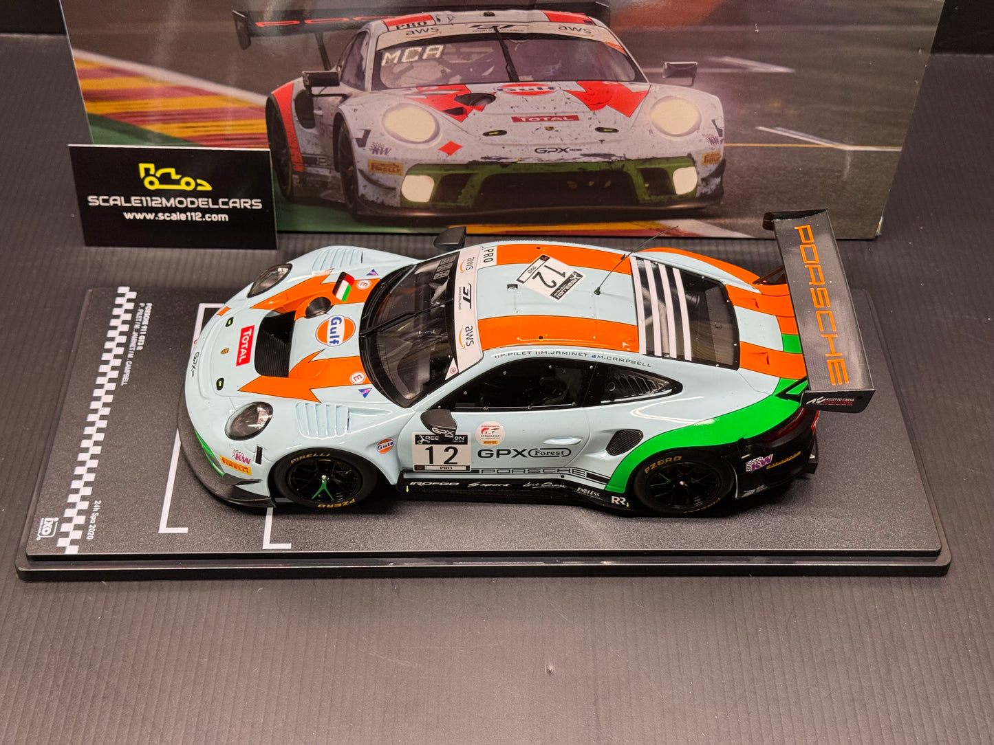 1/18 Scale IXO Porsche 911 GT3 R 24h Spa 2020 Gulf GPX Racing Diecast Model