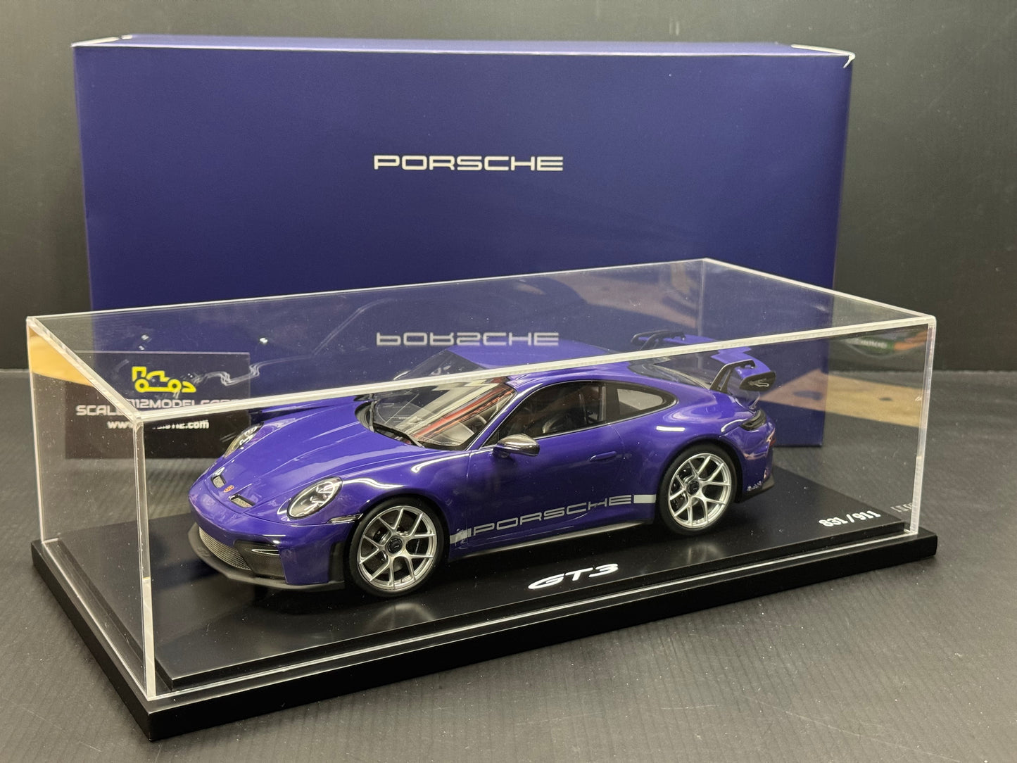 Porsche 911 992 GT3 Weissach Package in Ultraviolet w/ Display Case 1/18 Spark