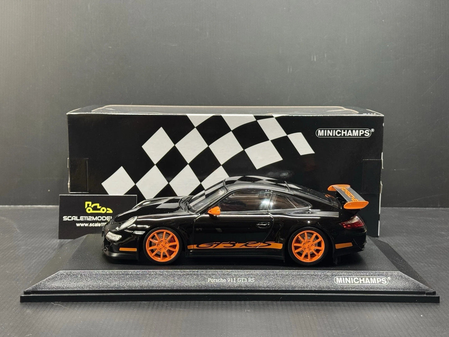 Porsche 911 997 GT3 RS Black Orange 1/18 Scale Diecast Model Car by Minichamps
