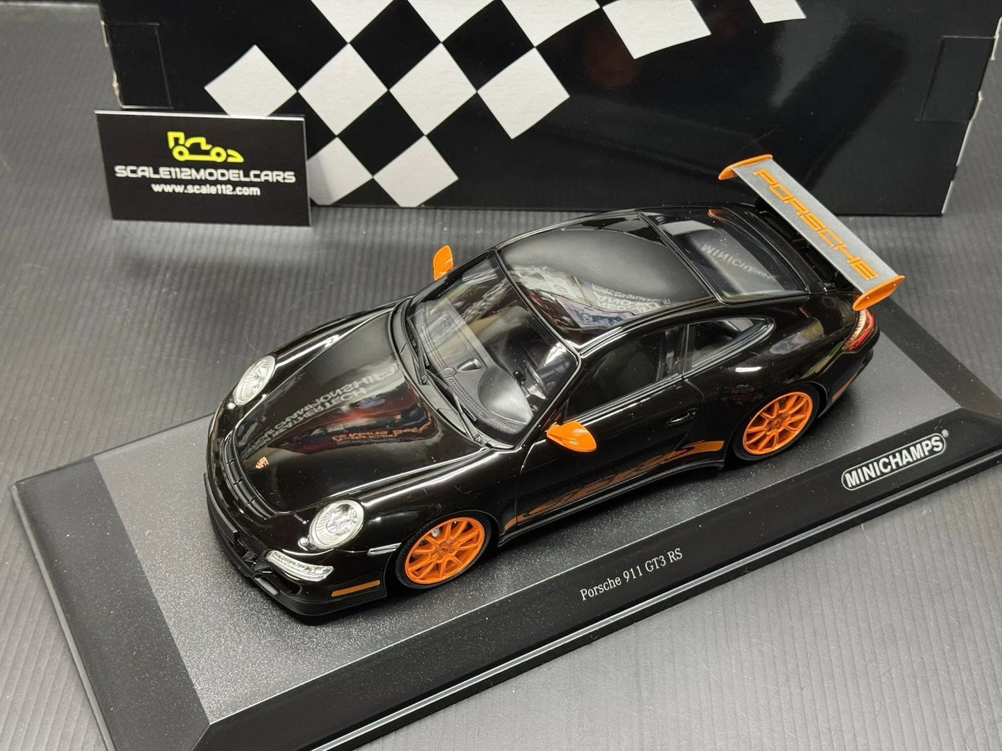 Porsche 911 997 GT3 RS Black Orange 1/18 Scale Diecast Model Car by Minichamps