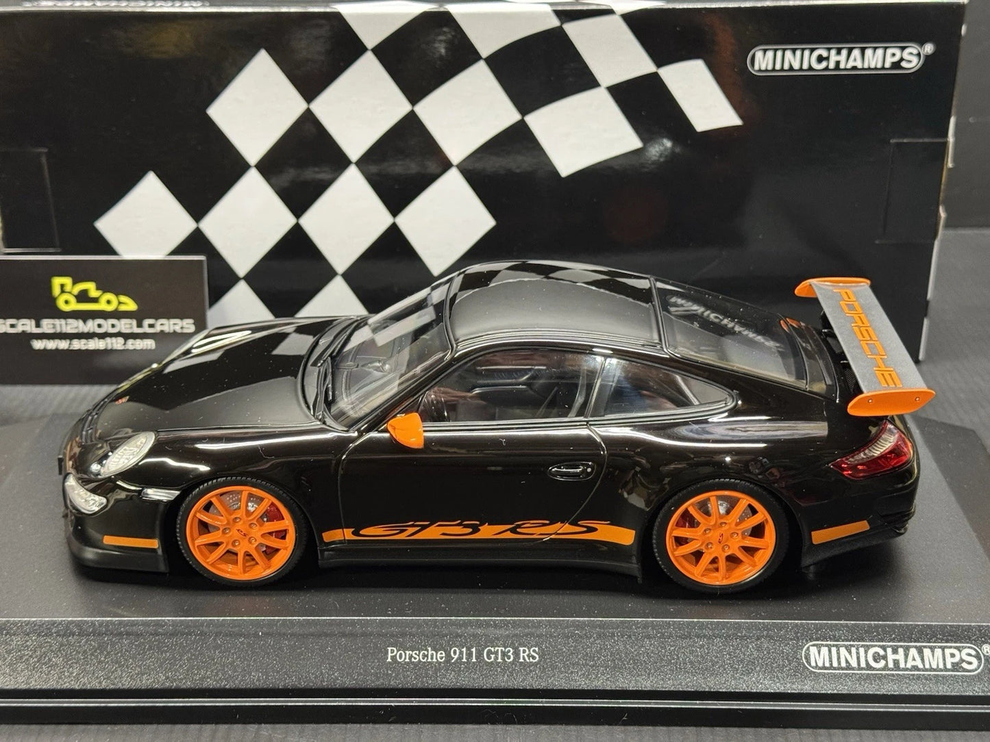 Porsche 911 997 GT3 RS Black Orange 1/18 Scale Diecast Model Car by Minichamps