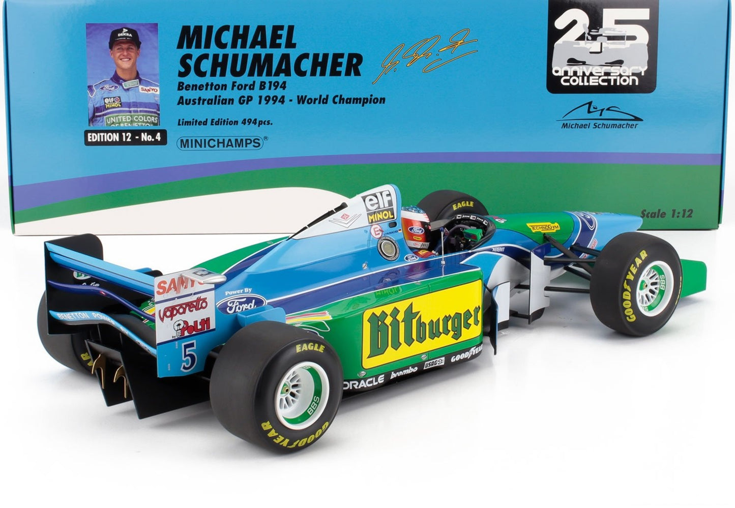 MINICHAMPS 1/12 SCALE BENETTON FORD B194 MICHAEL SCHUMACHER W/DISPLAY CASE